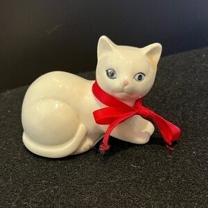 Vintage White Cat with Red Bow Porcelain Figurine